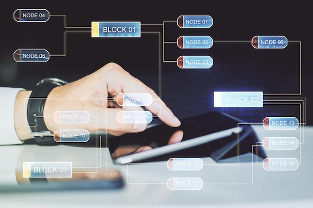 Dubbele belichting van abstracte creatieve programmeerillustratie en vingerklikken op een digitale tablet op achtergrond big data en blockchain concept