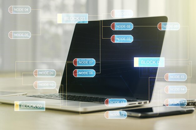 Dubbele belichting van abstracte creatieve programmeerillustratie op computer achtergrond big data en blockchain concept