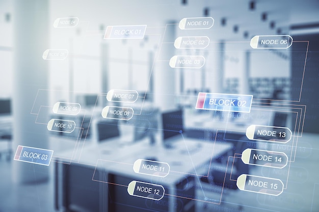Dubbele belichting van abstracte creatieve programmeerillustratie op een modern ingerichte kantoorinterieur achtergrond big data en blockchain-concept