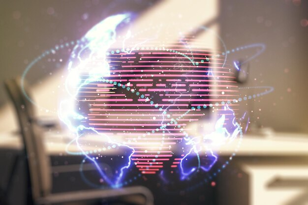 Dubbele belichting van abstracte digitale wereldkaart met verbindingen en modern bureau met computer op achtergrond big data en blockchain concept