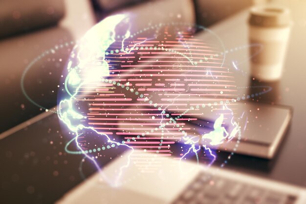Dubbele belichting van abstracte digitale wereldkaart met verbindingen op computer achtergrond big data en blockchain concept