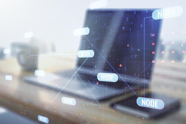 Dubbele belichting van abstracte programmeertaal en moderne desktop met laptop op achtergrondonderzoek en ontwikkelingsconcept