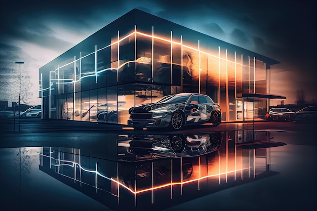 Dubbele belichting van autoshowroom met reflecties en lichten gemaakt met generatieve AI