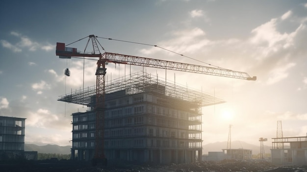 Dubbele belichting van bouwgebouwen kranen en gebouwen mistige hemelachtergrond gegenereerd ai