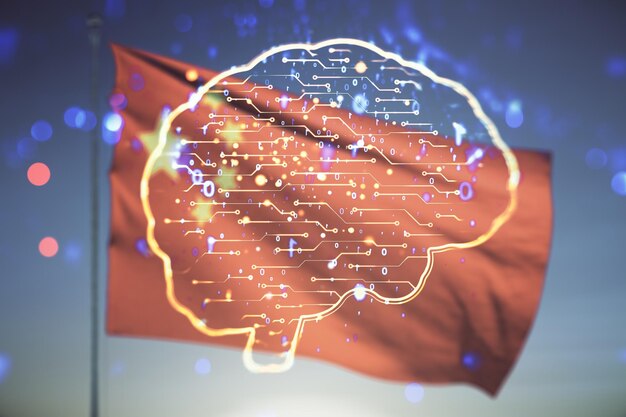 Dubbele belichting van creatieve kunstmatige intelligentie-interface op Chinese vlag en blauwe hemelachtergrond Neurale netwerken en machine learning concept