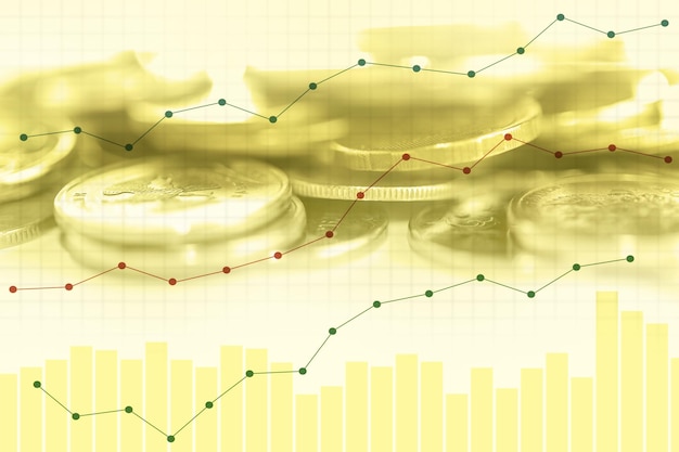 Dubbele belichting van grafiek en rijen munten. Economie trends achtergrond voor bedrijfsidee en alle kunstwerken ontwerp. Close-up, ondiepe scherptediepte.