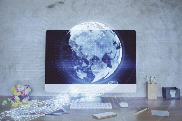 Dubbele belichting van het bureaublad met computer en wereldkaart hologram Internationaal data netwerk concept