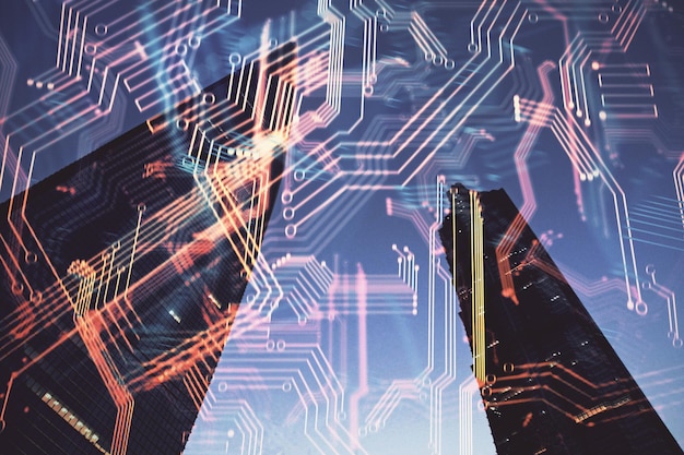 Dubbele belichting van technologie thema hologram en stadsbeeld achtergrond Concept van Hightech