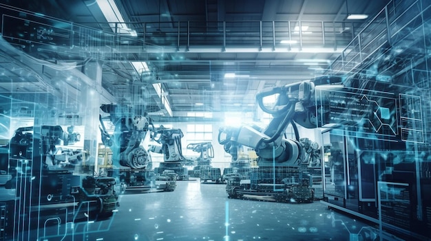 Dubbele belichtingsfoto van de gemechaniseerde industrie van een futuristische fabriek Robotica-technologieconcept voor de industriële revolutie en geautomatiseerd productieproces Generatieve AI