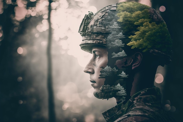 Foto dubbele belichtingsfoto van een soldaat in volle uitrusting