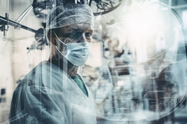 Dubbele belichtingsfotografie van een close-uparts en de operatiekamer van het ziekenhuis Generatieve AI
