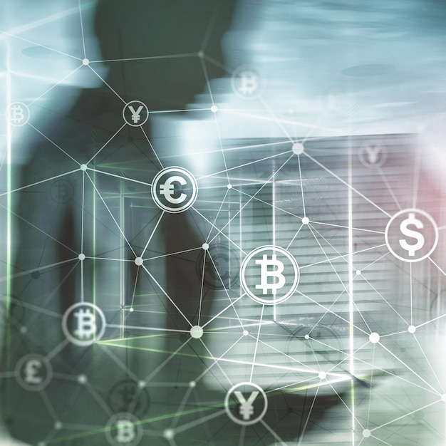 Foto dubbele blootstelling bitcoin en blockchain-concept digitale economie en valutahandel