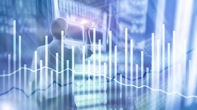 Dubbele blootstelling economie groei diagrammen op onscherpe achtergrond Business en investeringsconcept