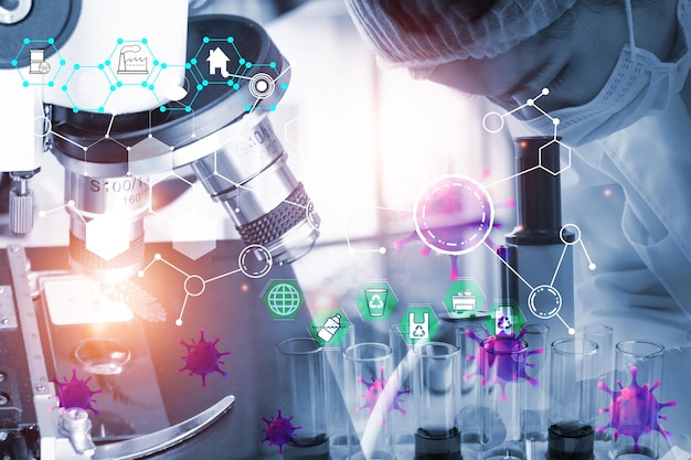 Dubbele blootstelling Jonge vrouw wetenschappelijk met behulp van apparatuur in het laboratorium voor onderzoekBiotechnologieontwikkelingchemischevaccinstudieCOVID19 Foto concept experimenten en onderzoek