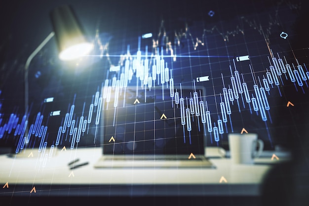 Dubbele blootstelling van abstract creatief financieel diagram met wereldkaart op computerachtergrondbankieren en boekhoudingsconcept