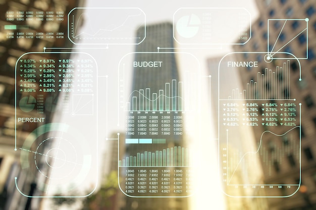 Dubbele blootstelling van abstract creatief statistiekgegevenshologram op wazig stadsgezicht achtergrondanalyse en voorspellingsconcept