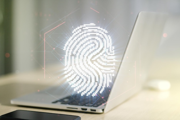 Dubbele blootstelling van abstract creatief vingerafdrukhologram op computerachtergrondbescherming van persoonlijk informatieconcept
