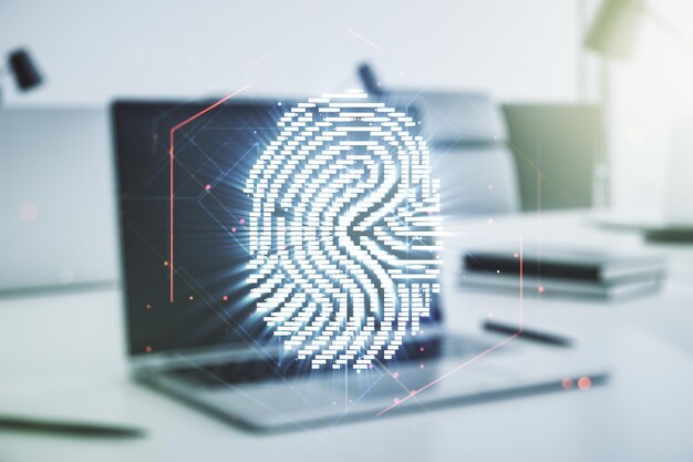 Dubbele blootstelling van abstract creatief vingerafdrukhologram op laptop achtergrondonderzoek en ontwikkelingsconcept