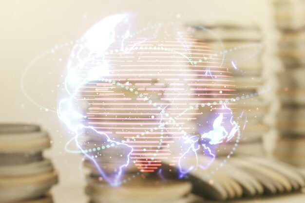 Dubbele blootstelling van abstract digitaal wereldkaart hologram met verbindingen op groeiende munten stapels achtergrond big data en blockchain concept.