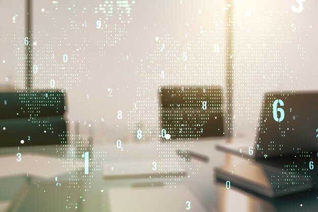Dubbele blootstelling van abstracte creatieve programmeerillustratie met wereldkaart en modern bureau met computer op achtergrond big data en blockchain-concept