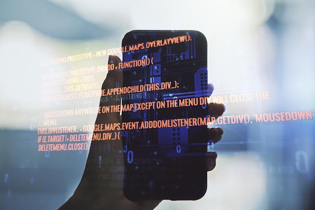 Dubbele blootstelling van abstracte creatieve programmering illustratie en hand met mobiele telefoon op de achtergrond big data en blockchain concept