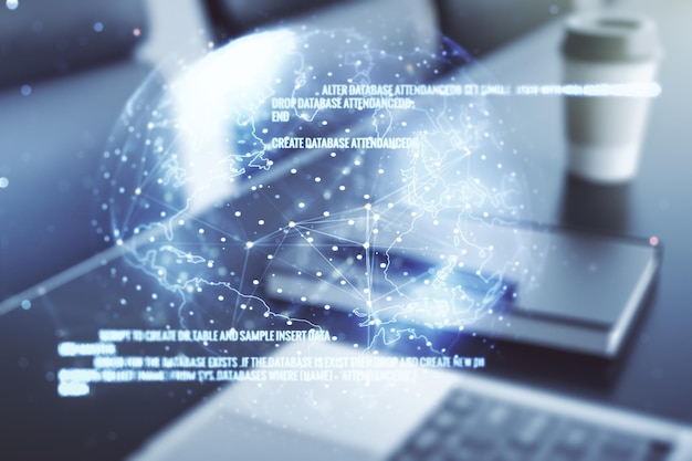 Dubbele blootstelling van abstracte creatieve programmering illustratie met wereldkaart op computer achtergrond big data en blockchain concept