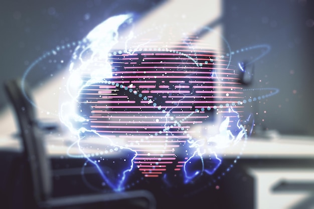 Dubbele blootstelling van abstracte digitale wereldkaart met verbindingen en modern bureau met computer op de achtergrond big data en blockchain concept