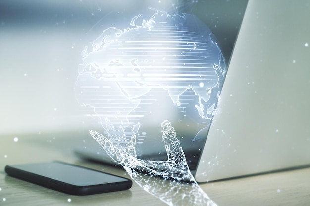 Dubbele blootstelling van abstracte digitale wereldkaart op computer achtergrond big data en blockchain-concept