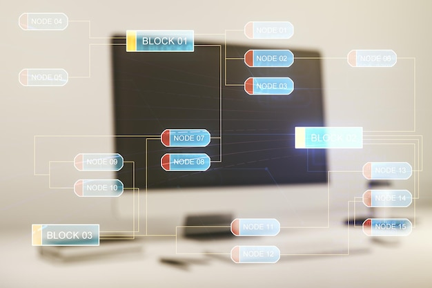 Dubbele blootstelling van abstracte programmeertaal op laptop achtergrondonderzoek en ontwikkelingsconcept