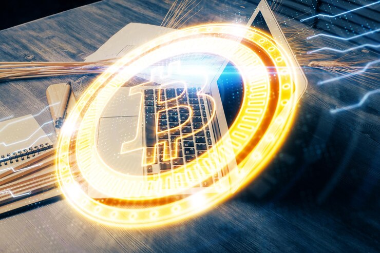 Foto dubbele blootstelling van blockchain en crypto-economie thema hologram en tabel met computer achtergrond concept van bitcoin cryptocurrency