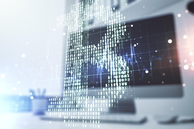 Dubbele blootstelling van creatief Bitcoin-symbool en moderne desktop met laptop op achtergrond Cryptocurrency-concept