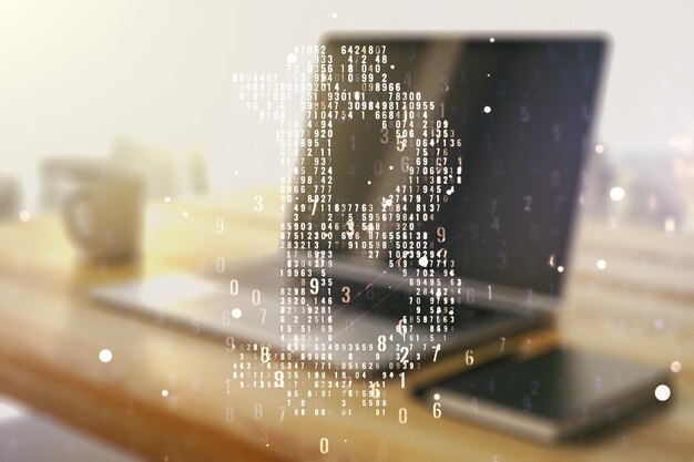 Dubbele blootstelling van creatief Bitcoin-symbool en moderne desktop met laptop op achtergrond Cryptocurrency-concept