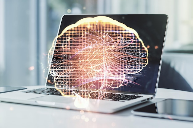 Dubbele blootstelling van creatief kunstmatige intelligentie-symbool met moderne laptop op de achtergrond Neurale netwerken en machine learning-concept