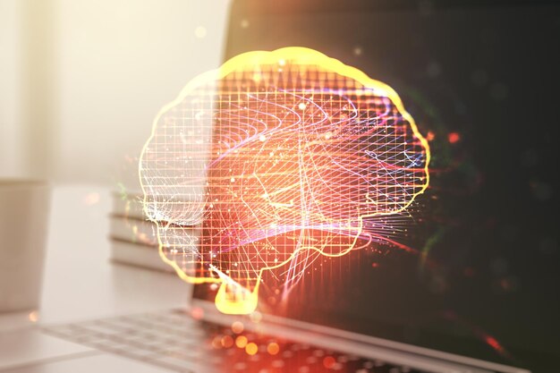 Dubbele blootstelling van creatief kunstmatige intelligentiesymbool met moderne laptop op achtergrond Neurale netwerken en machine learning concept