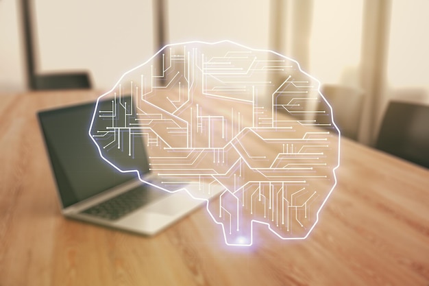 Dubbele blootstelling van creatief kunstmatige intelligentiesymbool met moderne laptop op achtergrond neurale netwerken en machine learning concept