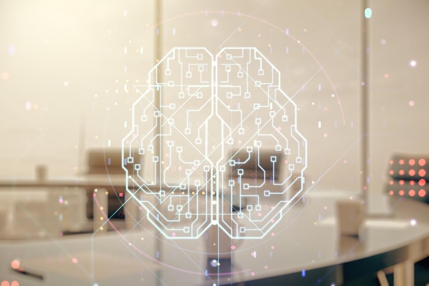 Dubbele blootstelling van creatief menselijk brein microcircuit hologram op een moderne bestuurskamer achtergrond Toekomstige technologie en AI concept