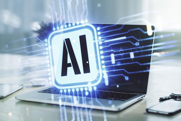 Dubbele blootstelling van creatieve kunstmatige intelligentie icoon met moderne laptop op de achtergrond Neurale netwerken en machine learning concept