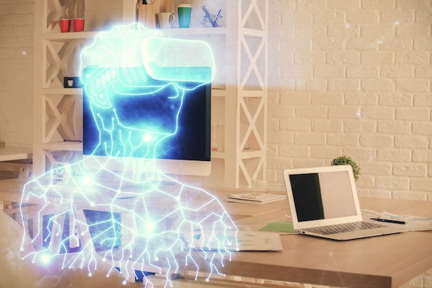 Dubbele blootstelling van de mens in VR-bril tekenen en kantoor interieur achtergrond Concept van AR