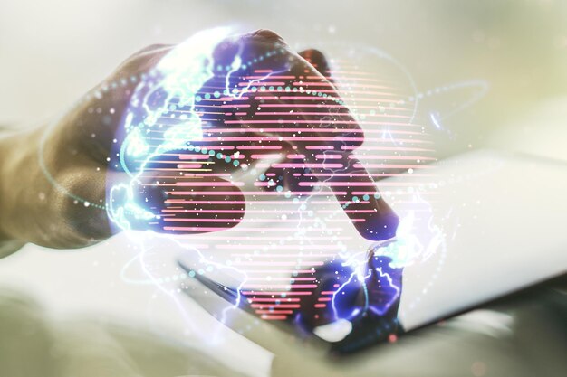 Dubbele blootstelling van een abstracte digitale wereldkaart met verbindingen en handwerk met een digitale tablet op de achtergrond van big data en blockchain-concept