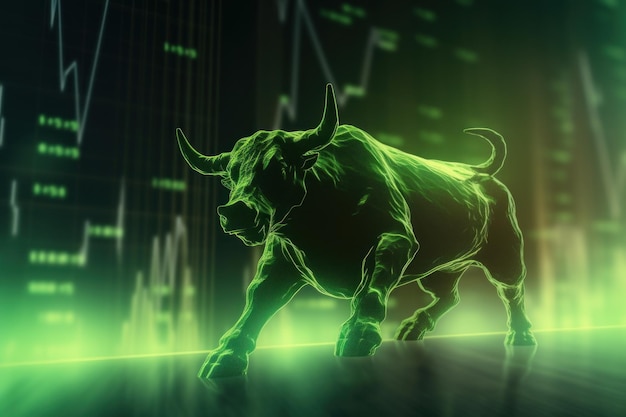 Dubbele blootstelling van een silhouet-bullrun en een opwaartse trendgrafiek: de bullmarkt stijgt