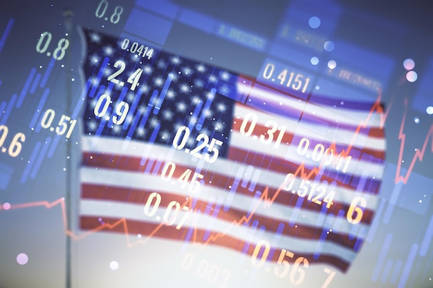 Dubbele blootstelling van virtueel creatief financieel diagram op de vlag van de V.S. en het blauwe hemelachtergrondbankieren en boekhoudingsconcept