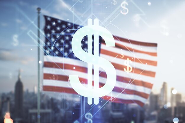 Dubbele blootstelling van virtueel USD-symbolenhologram op de vlag van de VS en wazig stadsgezicht achtergrond Bank- en investeringsconcept