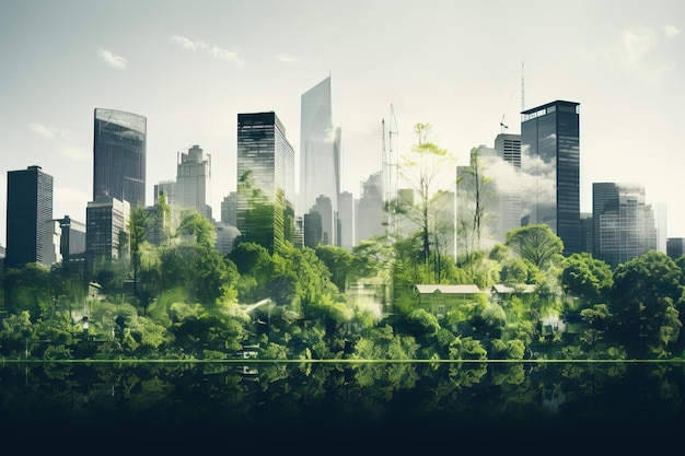 Dubbele blootstelling van weelderige groene bossen en moderne wolkenkrabbers vensters van het gebouw Groene stad concept