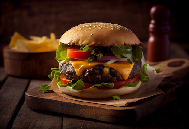 Dubbele cheeseburger met sla, tomaat, ui en gesmolten amerikaanse kaas AI gegenereerd