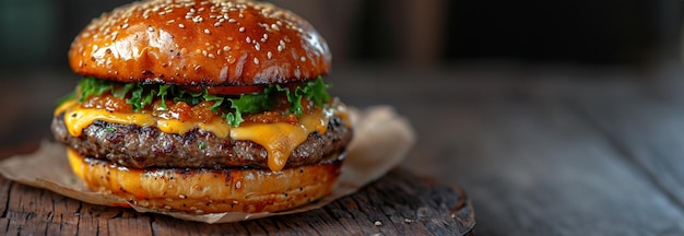 Foto dubbele cheeseburger met sla tomaat ui en gesmolten amerikaanse kaas met panoramisch