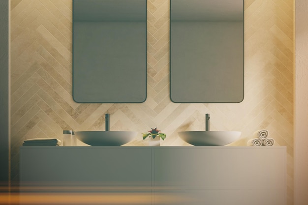 Dubbele gootsteen op een witte plank in een moderne badkamerhoek met lichte houten muren en twee verticale spiegels daarboven.