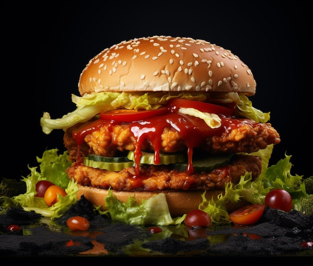 Dubbele hamburger geïsoleerd op zwarte achtergrond