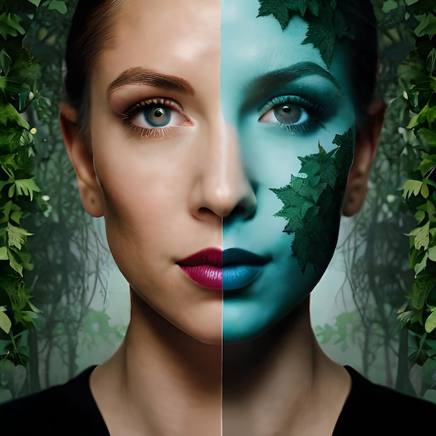Dubbele maskering van het gezicht van een jonge vrouw met bos op de huid