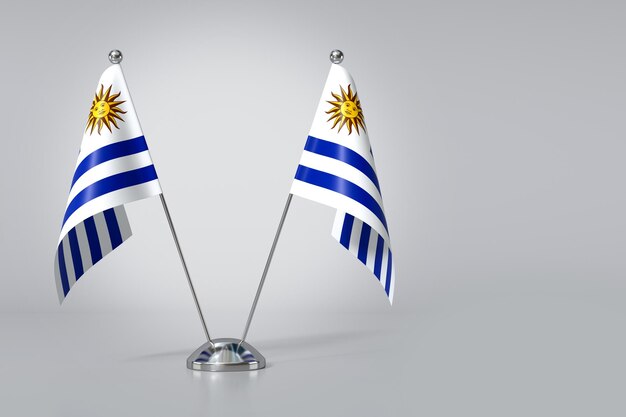 Foto dubbele oosterse republiek van uruguay tafelvlag op grijze achtergrond 3d rendering