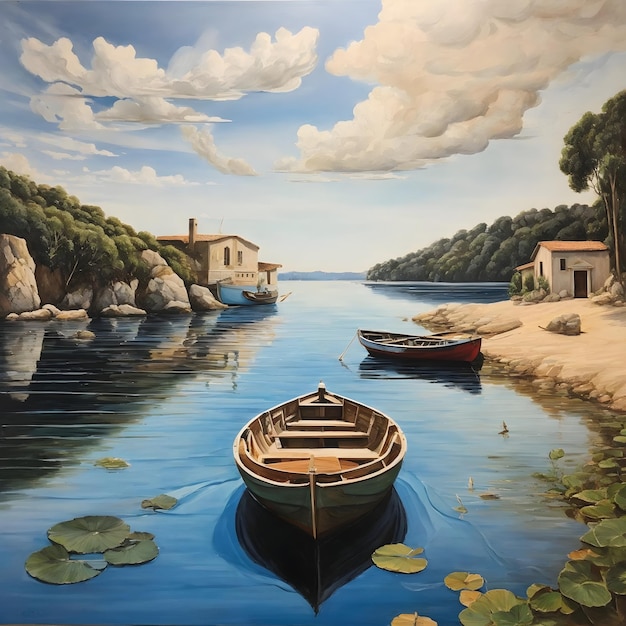 Dubbele perspectieven Een schilderij van een boot en een echte boot op het water